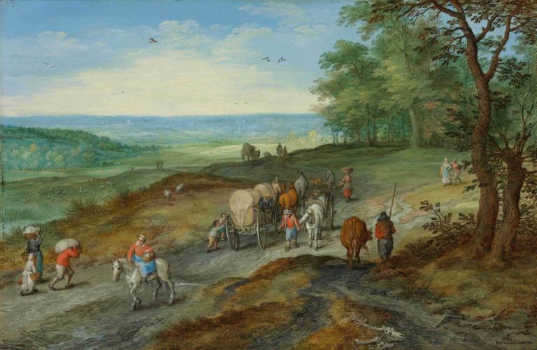 A Panoramic Landscape With A Covered Wagon And Travelers On A Highway,Jan Brueghel The Elder,Oil Painting