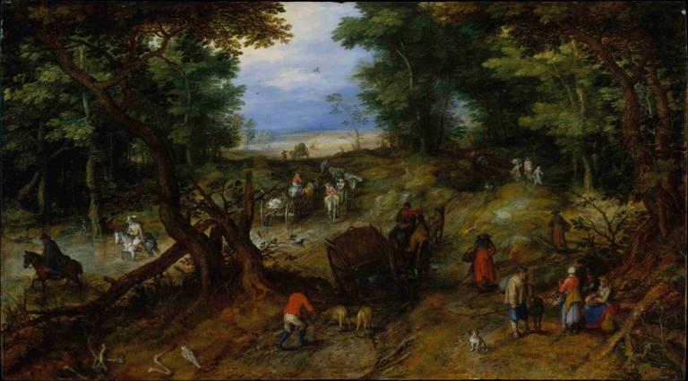 A Woodland Road with Travelers,Una carretera forestal con viajeros,Jan Brueghel The Elder