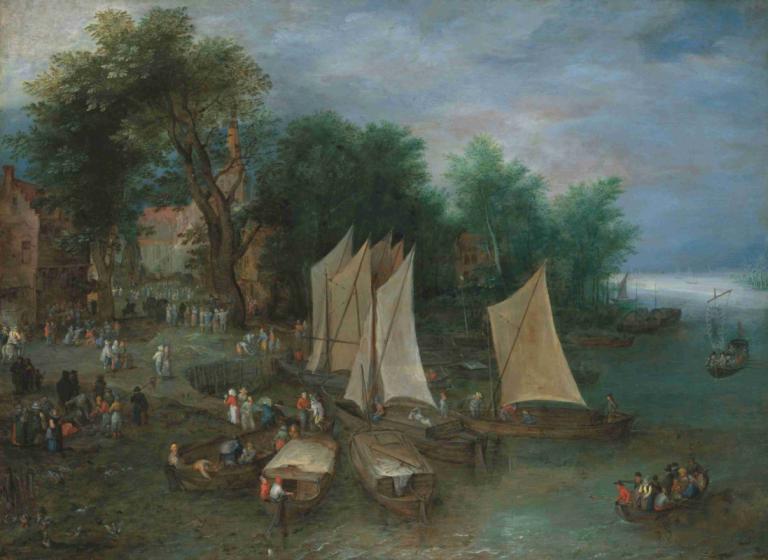 A landing stage near a village with shipping and figures,Jan Brueghel The Elder,Oil Painting,Oil Painting