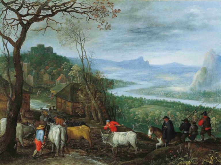 A landscape with herdsmen driving cattle to a village,Jan Brueghel The Elder,Oil Painting,Oil Painting, horse