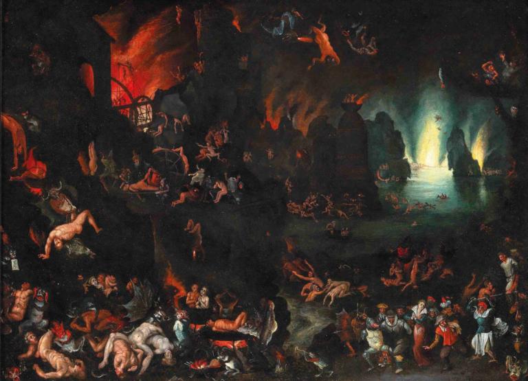 A scene of Hell,Jan Brueghel The Elder,Oil Painting,Oil Painting, 6+boys, multiple boys, monster