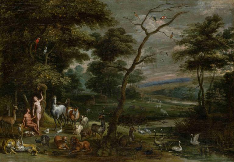 Adam and Eve in Paradise,Jan Brueghel The Elder,Oil Painting,Oil Painting, horse, tree, nature, bird, scenery