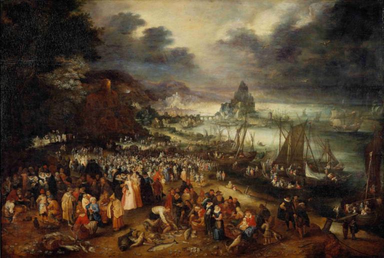 Christ Preaching from the Boat,Jan Brueghel The Elder,Oil Painting,Oil Painting, watercraft, multiple boys