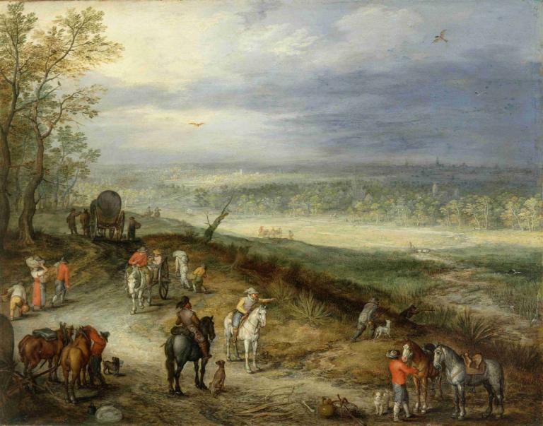 Extensive Landscape With Travellers on a Country Road,廣泛的景觀與旅行者在鄉村道路上,Jan Brueghel The Elder,元老Jan Brueghel