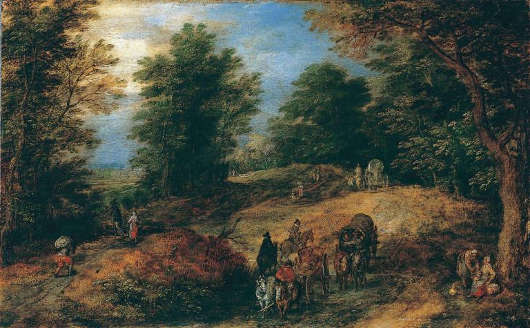 Landscape with Travelers on a Woodland Path,風景與旅行者在林地路徑,Jan Brueghel The Elder,元老Jan Brueghel,油畫,油畫, 樹, 戶外