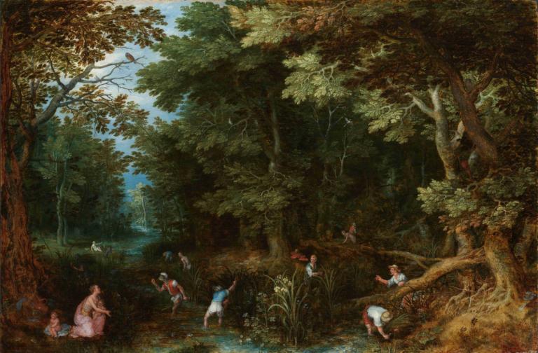 Latona and the Lycian Peasants,拉託納與呂西亞農民,Jan Brueghel The Elder,元老Jan Brueghel,油畫,油畫, 自然, 樹, 森林, 風景, 多個男孩