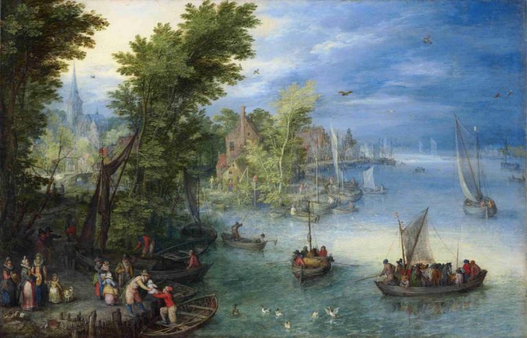 River Landscape,河流景觀,Jan Brueghel The Elder,元老Jan Brueghel,油畫,油畫, 船隻, 船, 樹, 多個男孩, 水, 船, 風景, 多個女孩, 6+男孩, 戶外, 河