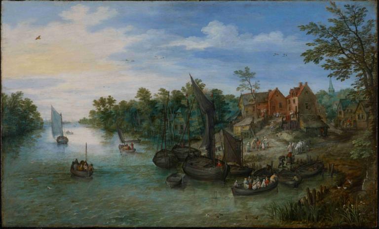 River Landscape,河流景觀,Jan Brueghel The Elder,元老Jan Brueghel,油畫,油畫, 船隻, 樹, 風景, 沒有人類, 天空, 戶外, 船, 雲, 自然, 水, 鳥, 河