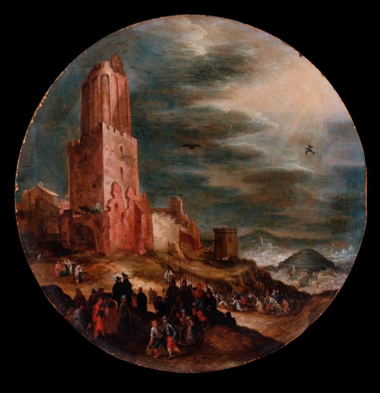 Road to Golgotha,通往各各他的路,Jan Brueghel The Elder,元老Jan Brueghel,油畫,油畫, 多個男孩, 雲, 城堡, 6+男孩, 天空, 風景, 傳統媒體, 山