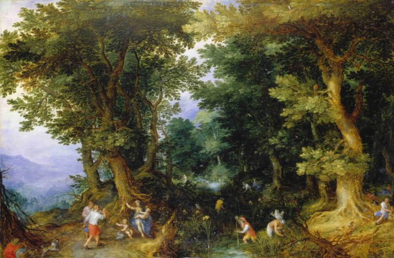 The Mocking of Latona,對拉託納的嘲諷,Jan Brueghel The Elder,元老Jan Brueghel,油畫,油畫, 樹, 自然, 戶外, 多個男孩, 森林, 風景, 帽子, 多個女孩