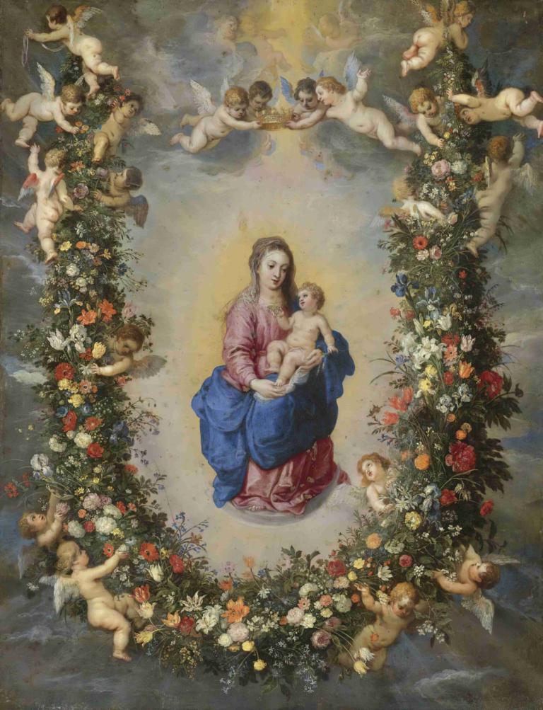 The Virgin And Child Encircled By A Garland Of Flowers Held Aloft By cherubs