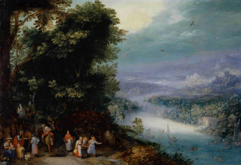 Wooded River Valley with Road,Lembah Sungai Berhutan dengan Jalan,Jan Brueghel The Elder