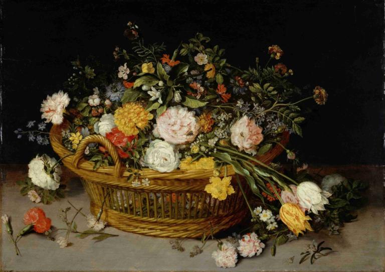 A Basket of Flowers,꽃 바구니,Jan Brueghel the Younger,얀 브뤼겔 더 영,오일 페인팅,오일 페인팅, 꽃, 인간은 없어, 흰 꽃, 정물, 노란 꽃, 잎, 빨간 꽃