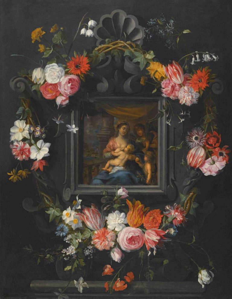 A Garland Of Flowers Surrounding The Virgin And Child,Jan Brueghel the Younger,Oil Painting,Oil Painting