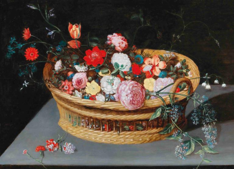 A basket with spring flowers on a stone table,Jan Brueghel the Younger,Oil Painting,Oil Painting, flower