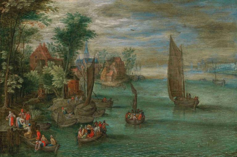 A river landscape with ferries and sailing boats,Jan Brueghel the Younger,Oil Painting,Oil Painting