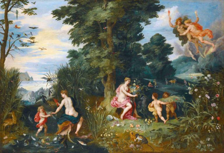 Allegory Of The Four Elements,Jan Brueghel the Younger,Oil Painting,Oil Painting, tree, outdoors, nature