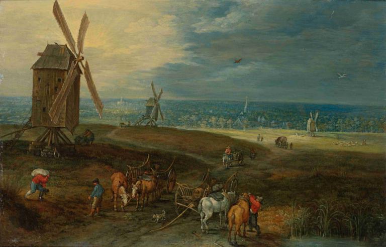 An Extensive Landscape With Travellers Before A Windmill,Jan Brueghel the Younger,Oil Painting,Oil Painting