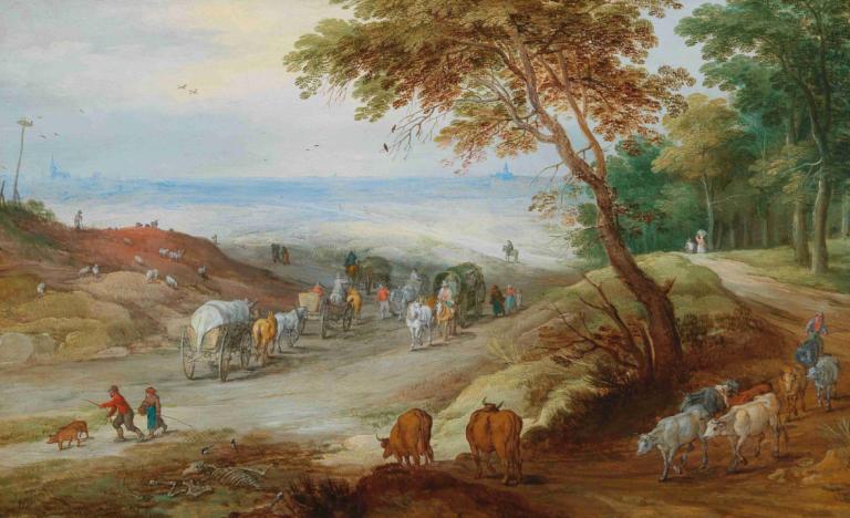 An extensive hilly landscape with travellers on a path and cattle in the foreground,Jan Brueghel the Younger