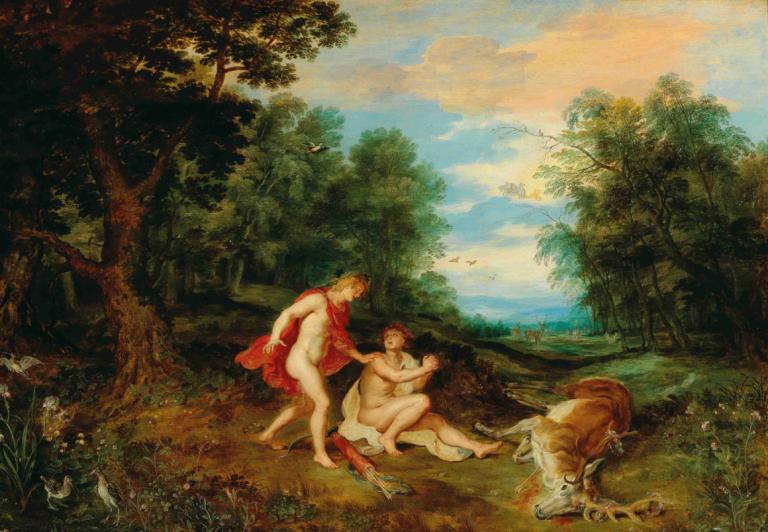 Apollo comforting Cyparissus,阿波罗安慰赛帕里斯,Jan Brueghel the Younger,青年扬-勃鲁盖尔,油画,油画, 美术模仿, 裸体, 多个男孩, 户外, 男性焦点, 自然