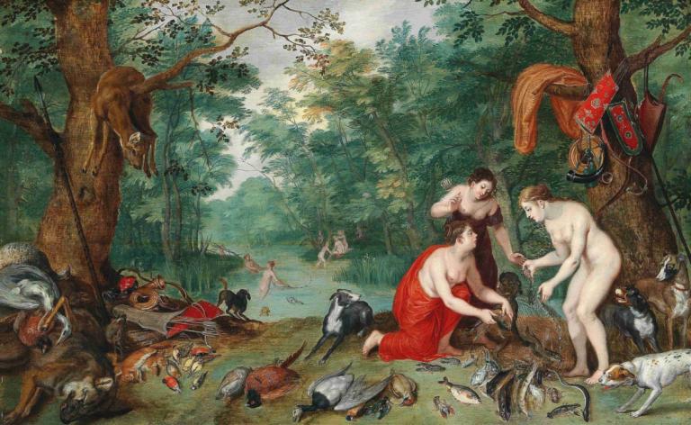 Diana and her nymphs fishing,Jan Brueghel the Younger,Oil Painting,Oil Painting, fine art parody, nature