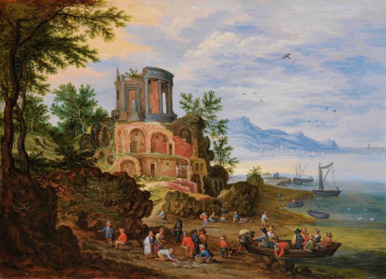 Landscape With Ruins Animated With Figures,Jan Brueghel the Younger,Oil Painting,Oil Painting, watercraft