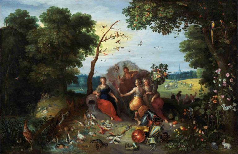 Landscape with Allegories of the Four Elements,Jan Brueghel the Younger,Oil Painting,Oil Painting, tree, bird