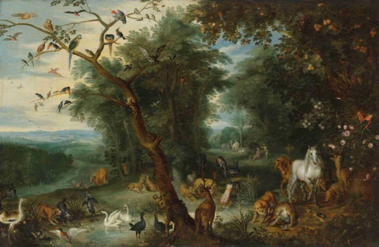 Paradise,Paradis,Jan Brueghel the Younger,Jan Brueghel le Jeune,Peinture à l'huile,Peinture à l'huile, oiseau