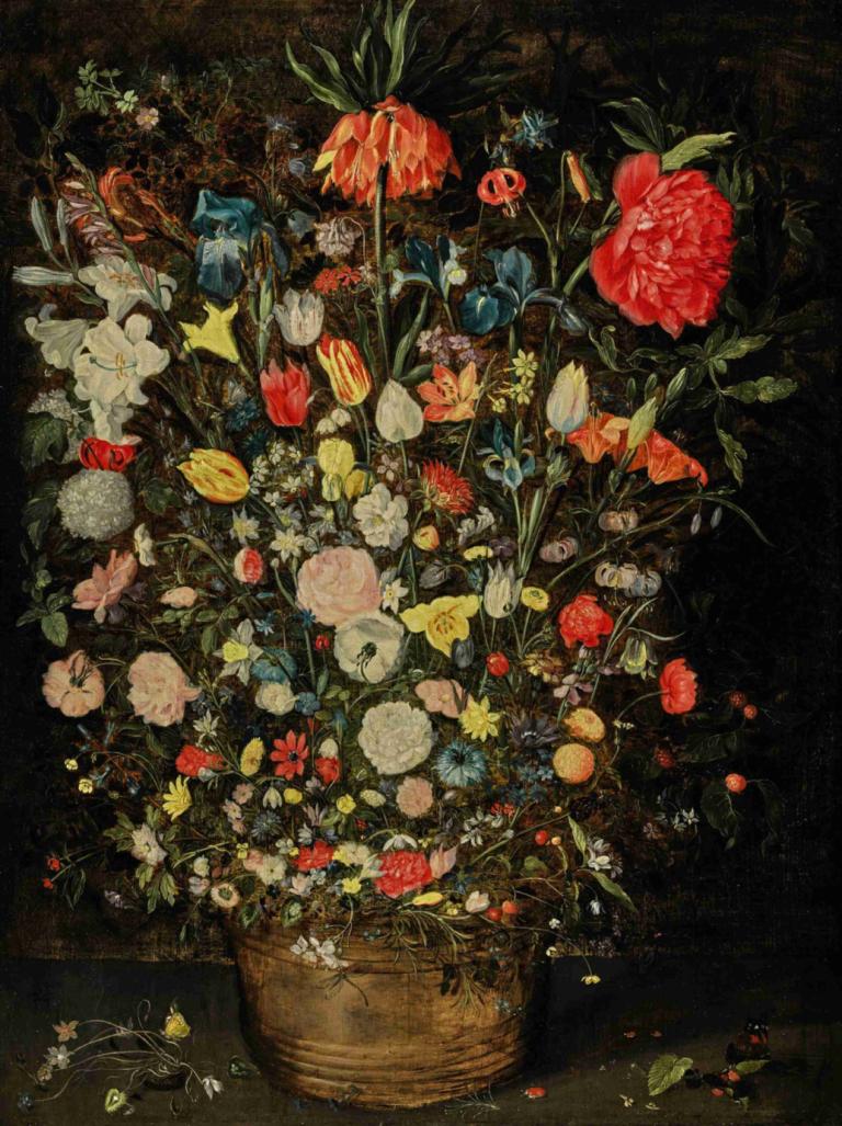 Still life with a large bouquet of flowers in a wooden bucket