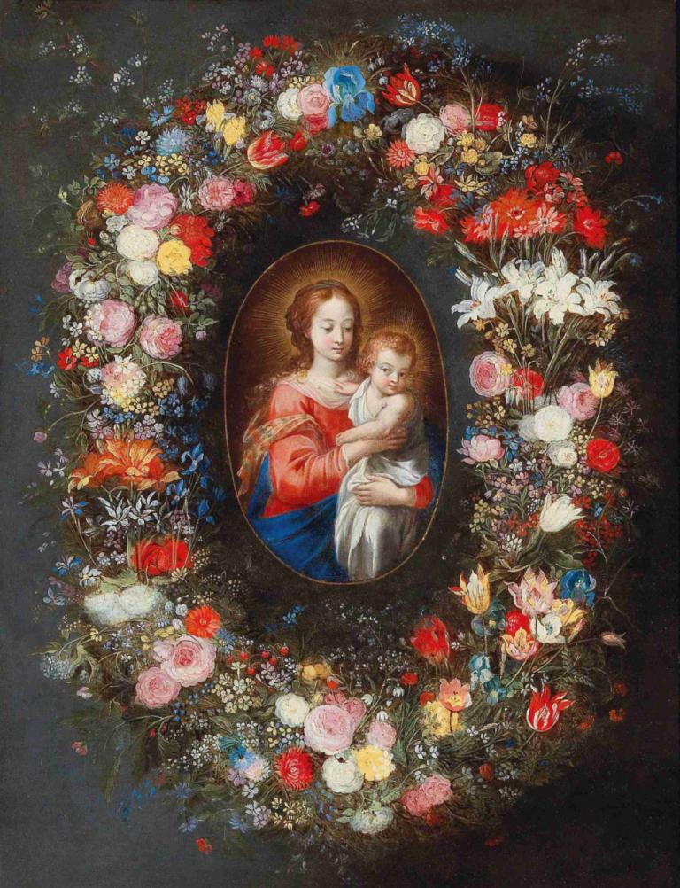 The Madonna and Child surrounded by a floral garland,被花环环绕的圣母和圣婴,Jan Brueghel the Younger,青年扬-勃鲁盖尔,油画,油画, 花