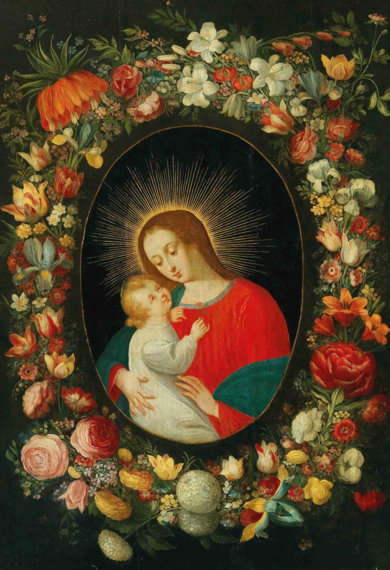 The Virgin and Child in a cartouche surrounded by a garland of flowers