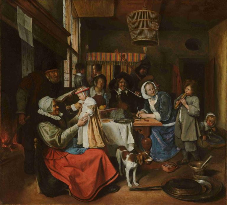 'As the Old Sing,so Pipe the Young',Jan Steen,Oil Painting,Oil Painting, fine art parody, multiple boys