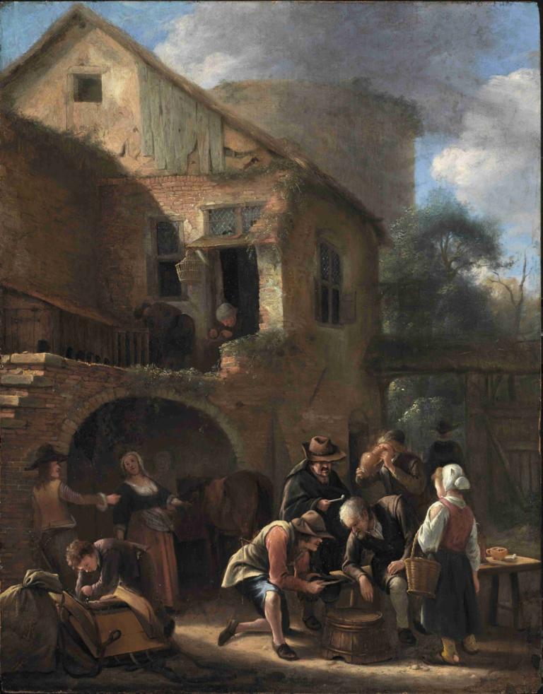 A Party of Peasants,Jan Steen,Oil Painting,Oil Painting, multiple girls, outdoors, multiple boys, day, sky