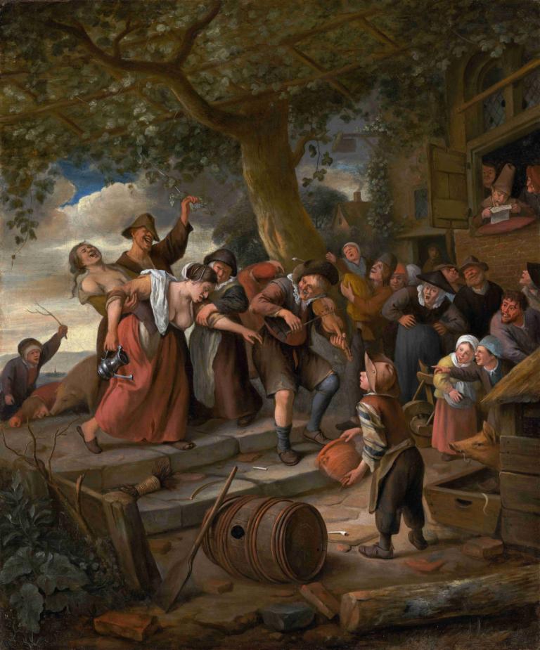 A Pig Belongs in the Sty,Jan Steen,Oil Painting,Oil Painting, fine art parody, tree, multiple boys, cloud