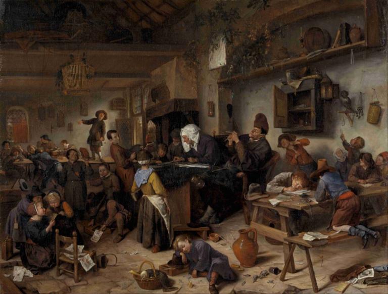 A School for Boys and Girls,Jan Steen,Oil Painting,Oil Painting, multiple girls, fine art parody