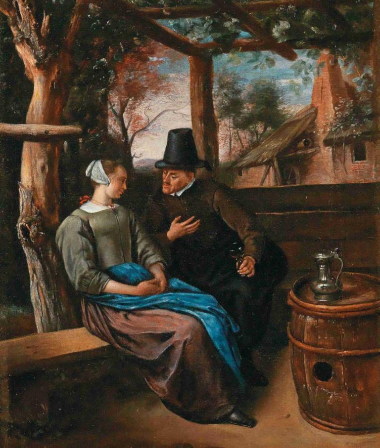 A Suitor With A Young Woman,Jan Steen,Oil Painting,Oil Painting, fine art parody, tree, hat, sitting, 1boy