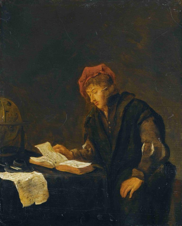 A Youth Reading,Jan Steen,Oil Painting,Oil Painting, book, solo, open book, 1boy, male focus, closed eyes