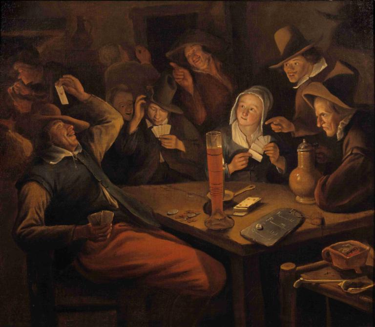 Ace of Hearts,红心 A,Jan Steen,扬-斯泰恩,油画,油画, 卡片, 帽子, 多个男孩, 瓶子, 美术模仿, 桌子, 杯子, 持卡, 纸牌, 6+男孩, 保持, 坐着, 胡须, 酒精, 胡子