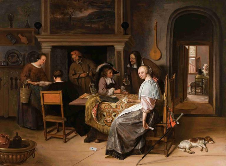 An Elegant Company In An Interior With Figures Playing Cards At A Table,Jan Steen,Oil Painting,Oil Painting