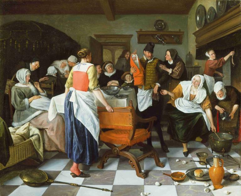 Celebrating the Birth,Celebración del nacimiento,Jan Steen,Pintura al óleo,Pintura al óleo, varios chicos