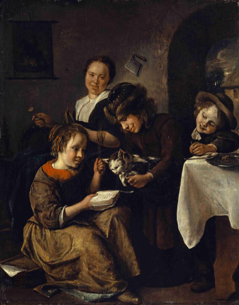 Children Teaching a Cat to Read,Trẻ em dạy một con mèo đọc,Jan Steen,- Jane Steyn.,Tranh sơn dầu