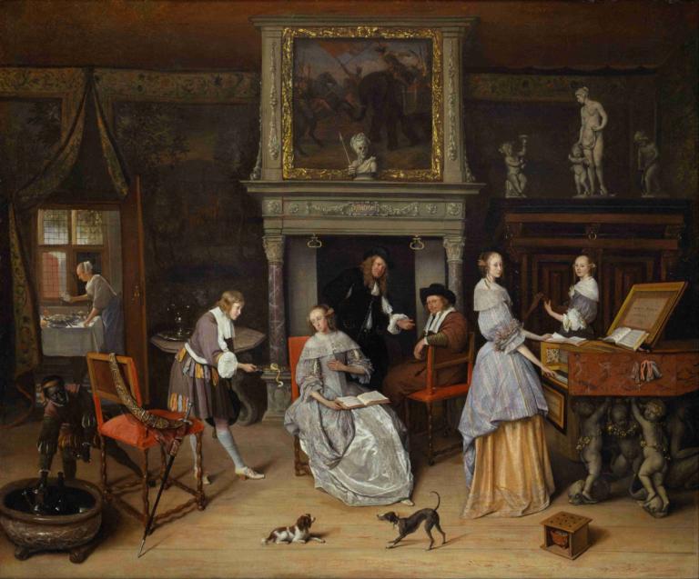 Fantasy Interior with Jan Steen and the Family of Gerrit Schouten,扬-斯泰恩和格利特-舒腾家族的奇幻室内设计,Jan Steen,扬-斯泰恩,油画,油画