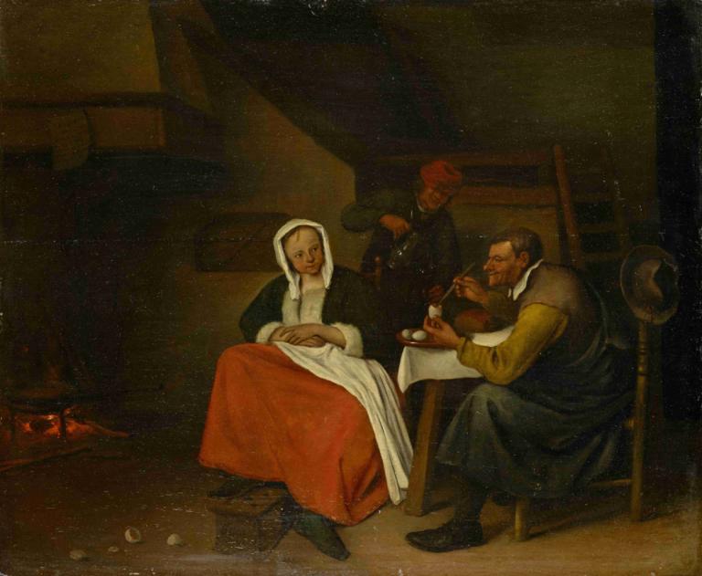 Farmer Eating Eggs,Boer eet eieren,Jan Steen,Olieverf,Olieverf, meerdere jongens, parodie op beeldende kunst