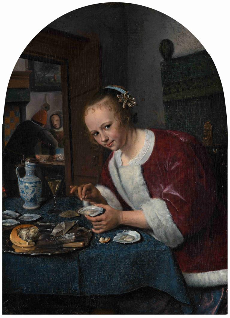 Girl Eating Oysters,Flicka äter ostron,Jan Steen,Oljemålning,Oljemålning, konstparodi, tabell, realistisk