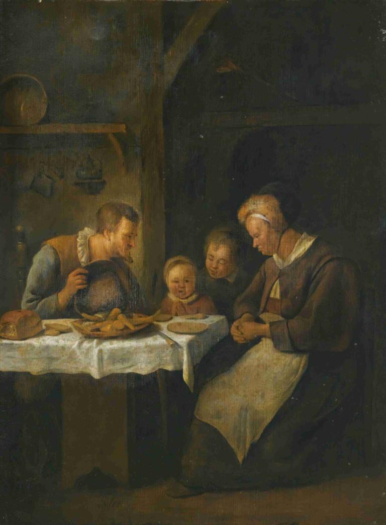 Grace Before A Meal,餐前恩典,Jan Steen,扬-斯泰恩,油画,油画, 美术模仿, 多个男孩, 桌子, 老妇人, 老的, 在室内, 坐着, 3个男孩, 胡子, 1个女孩, 长袖