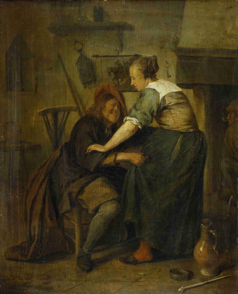 Inn with Guest and Serving Maid,有客人和服务员的客栈,Jan Steen,扬-斯泰恩,油画,油画, 美术模仿, 坐着, 1个女孩, 在室内, 发髻, 赤脚, 椅子, 1男孩, 裙子