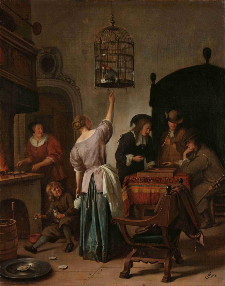 Interior with a Woman Feeding a Parrot, Known as ‘The Parrot Cage’,被称为 "鹦鹉笼 "的女子喂养鹦鹉的室内场景,Jan Steen,扬-斯泰恩,油画