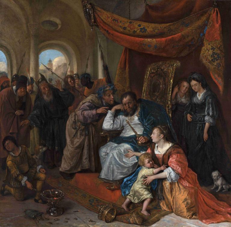 Moses and Pharaoh's Crown,Jan Steen,Oil Painting,Oil Painting, fine art parody, multiple boys, weapon