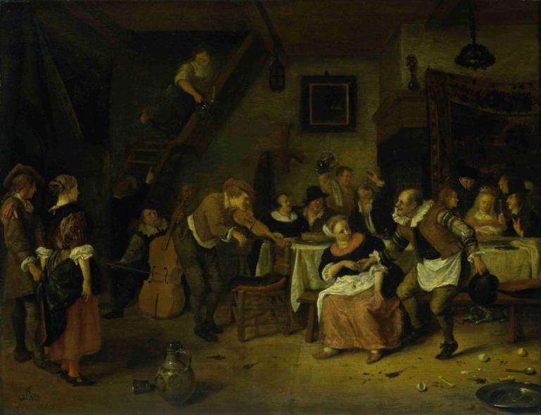 Peasant wedding,Jan Steen,Oil Painting,Oil Painting, fine art parody, multiple boys, multiple girls, table