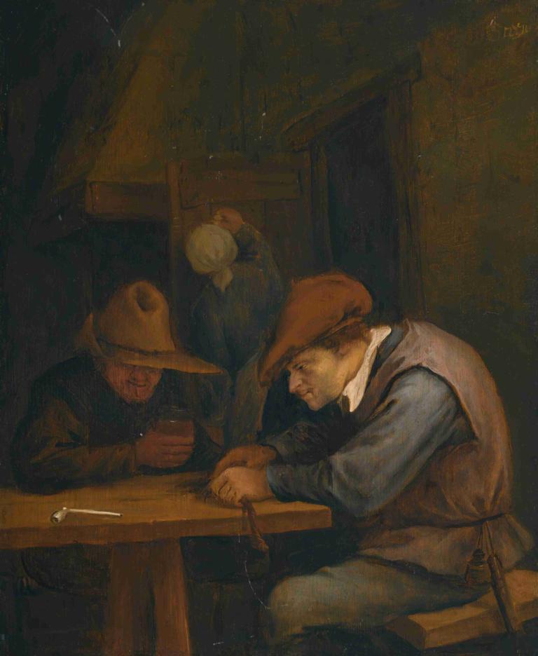 Peasants drinking and cutting tobacco in an inn,Jan Steen,Oil Painting,Oil Painting, hat, multiple boys, old